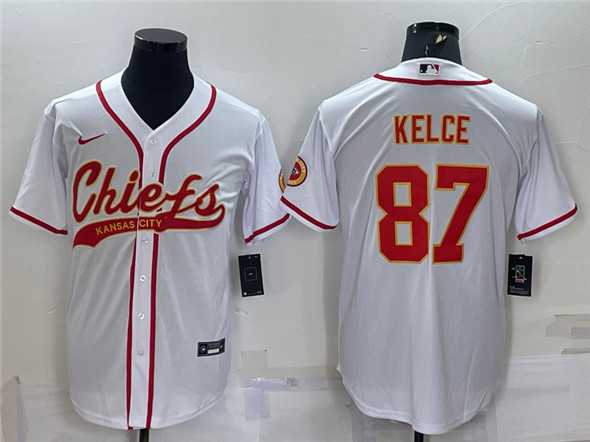 Men's Kansas City Chiefs ##87 Travis Kelce White With Patch Cool Base Stitched Baseball Jersey - Click Image to Close